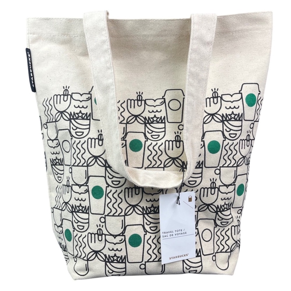 Starbucks Travel Tote Bag Cotton Canvas Coffee Cup Doodle Print Cream Green 2017
